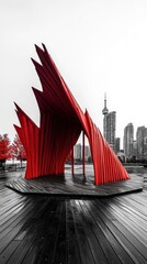 Red Architectural Marvel Against Monochromatic Cityscape