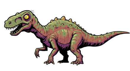 Cartoon illustration of a green and red dinosaur with yellow eyes and spikes on its back, standing on white background