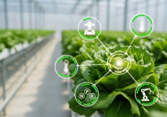 Close up of hydroponic lettuce with digital farming technology icons agriculture hydroponics