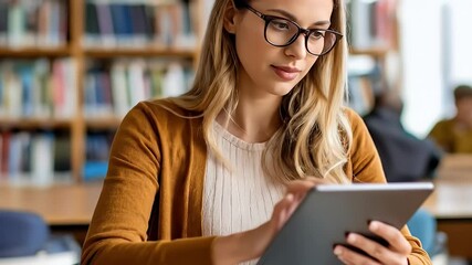 Woman using tablet in library - Powered by Adobe