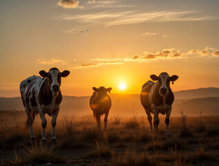 Cows grazing at sunset on a tranquil farm in a rural landscape with rolling hills and orange sky illuminating the evening