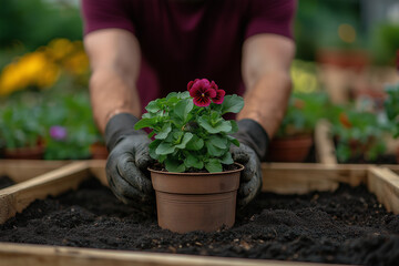 Careful Gardening With Blooming Flower In Wooden Crate: Hands Of Gardener Planting Green Seedlings In Fresh Soil Outdoors