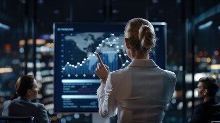Businesswoman pointing at interactive wall screen showing global business data analysis with line graphs and world map in modern office at night with colleagues looking at the presentation
