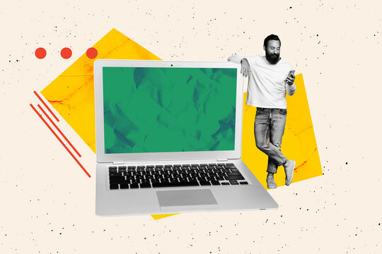 Trend artwork creative sketch photo collage of young man stand huge size laptop hold smartphone computer device online virtual programmer