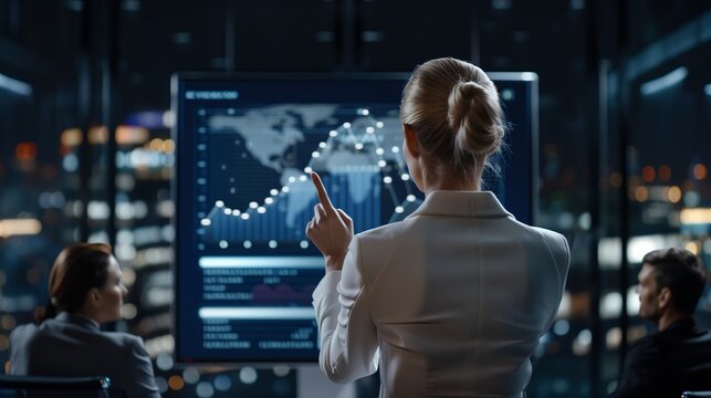 Businesswoman pointing at interactive wall screen showing global business data analysis with line graphs and world map in modern office at night with colleagues looking at the presentation