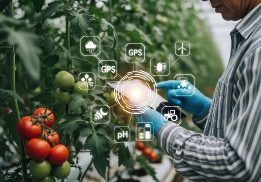 Farmer using tablet in greenhouse with smart farming icons and tomatoes agriculture technology