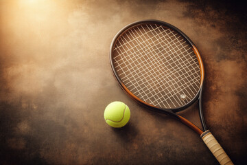 Vintage Tennis Racket and Ball on Clay Court with Warm Faded Tones