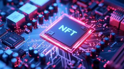 CPU chip in a motherboard with digital data uploading and downloading with NFT on it  - Powered by Adobe
