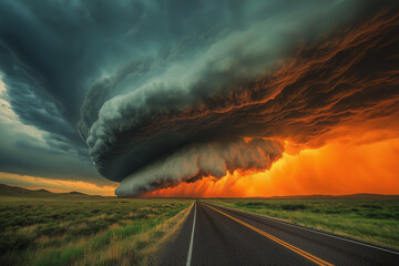 Dramatic Supercell Thunderstorm Illuminated By Fiery Sunset: Massive Spiral Cloud Formation Over Vast Rural Landscape With Intense Colors And Powerful Atmospheric Phenomenon