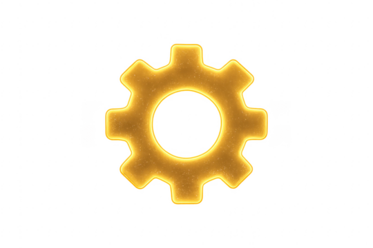 Golden gear shining on transparent background representing configuration and settings