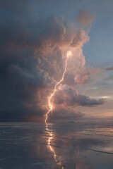 Obraz premium Dramatic sky illuminated by a lightning strike, reflected in a vast expanse of still water.