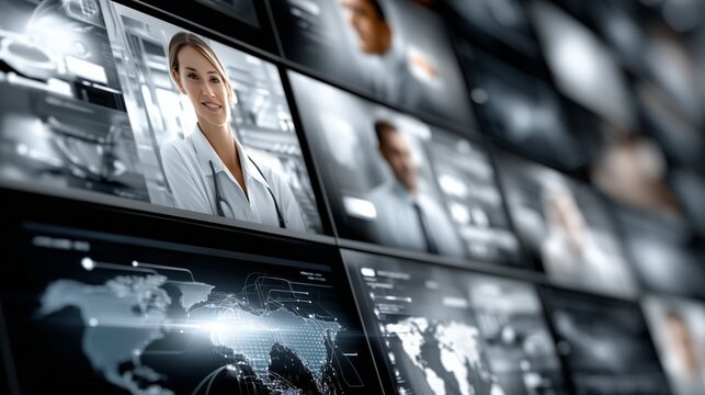 Multiple screens showing international business people and world map data connections, representing global communication and information sharing