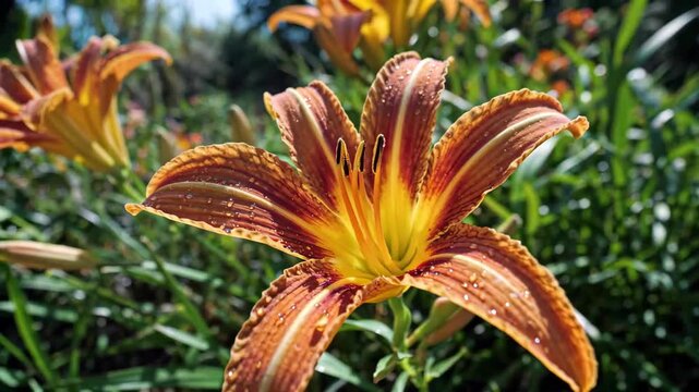 Close-up of orange-red day lily with water droplets Blooming day lily flowers