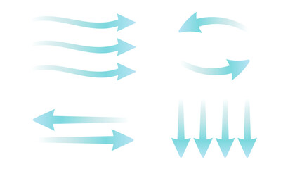 Set of blue arrows illustrating air flow and wind direction. Represents cool fresh streams from an air conditioner. Vector illustration isolated on a white background. EPS10