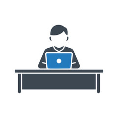 Person working on laptop at a desk icon. Work place icon