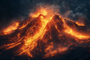 Fiery Molten Lava Flowing Through Cracked Earth: Intense Natural Scene Of Glowing Magma Surrounded By Dark Smoke And Volcanic Ash Under Dramatic Sky