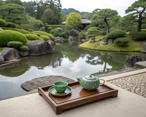 Tranquil tea ceremony setup beside a serene garden reflecting Japanese landscape and culture