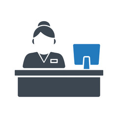 Receptionist at desk with computer icon