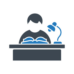 Studying with a desk lamp icon. Readign book icon