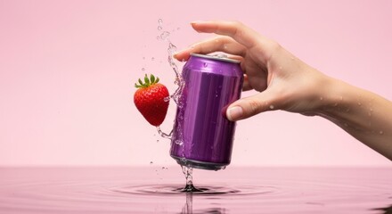 Hand holding a purple can with water splashing around it and a strawberry on a pink background.