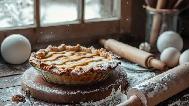 A freshly baked pie with a golden-brown lattice crust cools on a flour-dusted wooden board. Rolling pins and eggs nearby suggest a cozy, rustic baking atmosphere next to a window