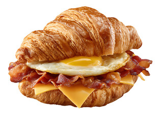 An egg, bacon, and cheese croissant sandwich on a white background