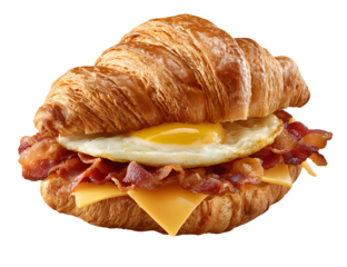An egg, bacon, and cheese croissant sandwich on a white background