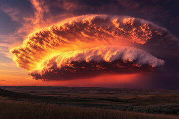 Dramatic Supercell Thunderstorm Illuminated By Fiery Sunset: Massive Spiral Cloud Formation Over Vast Rural Landscape With Intense Colors And Powerful Atmospheric Phenomenon