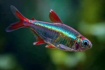 Vibrant glowlight tetra swims in aquarium. Scales shimmer with iridescence. Red fins add pop to the neon body.
