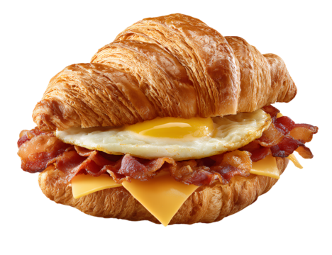 An egg, bacon, and cheese croissant sandwich on a white background