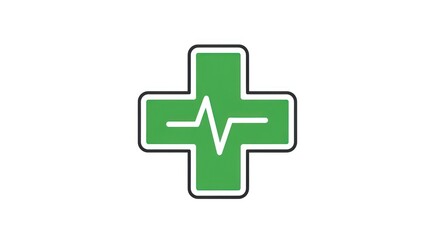Fototapeta premium Green medical cross icon with a heartbeat graphic, simple and stylized.