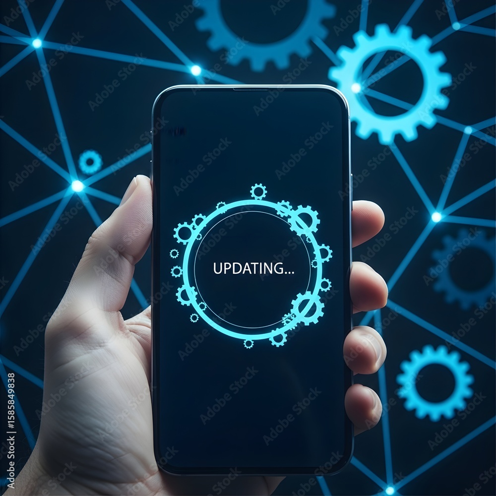 Poster a modern smartphone displays a software update with digital gears, representing futuristic technolog