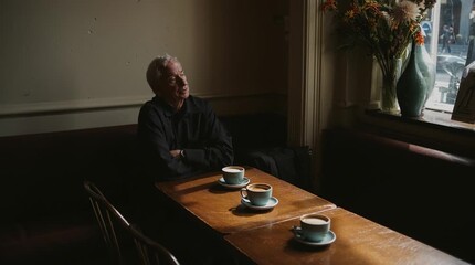 Poignant scene of a lonely senior man at a cafe with two cups, symbolizing loss, memory, and grief. A thoughtful widower remembering his late wife or waiting for a companion.

