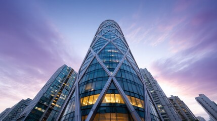 Naklejka premium Modern glass skyscraper with unique diamond pattern exterior against a purple twilight sky