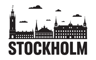 Naklejka premium Black and White Silhouette of Stockholm Skyline with Clouds and Bold Text Displaying the Citys Name at the Bottom