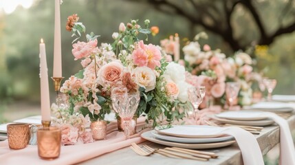 Pink floral arrangement on outdoor wedding table