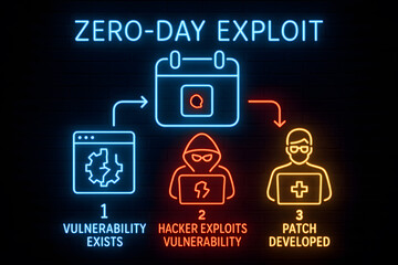 Black Digital Infographic on White Background Explaining Zero-Day Cybersecurity Threats in Modern Computing