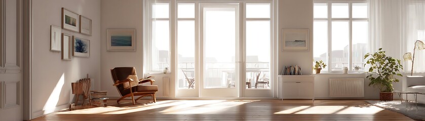 Sunlit interior living room with large windows.