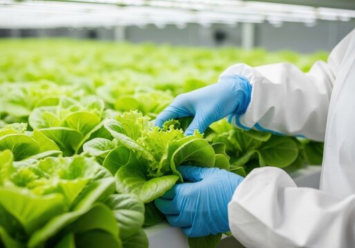 Person in protective suit tending to rows of green lettuce in a hydroponic farm agriculture