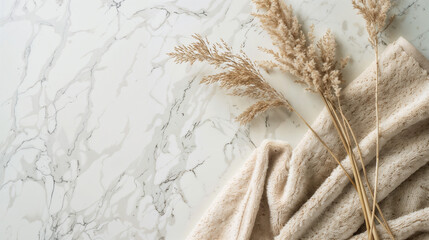 Delicate dried pampas grass stems arranged on soft beige fabric creating minimalist aesthetic with natural textures and neutral earth tones