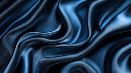 Fototapeta premium A dark blue, wavy, flowing piece of fabric with a glossy, reflective surface. The material appears to be silk with a smooth texture and a slight sheen.