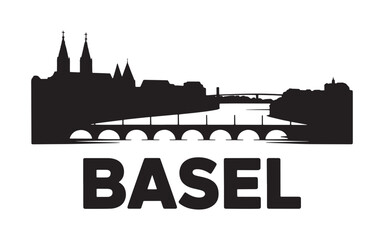 Obraz premium Monochromatic Silhouette of Basel Switzerland Skyline Featuring Prominent Buildings Bridge and River Set Above Bold Text for a Modern Design