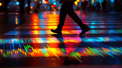Night Commuter on City Crosswalk with Live Traffic and Market Data Overlay