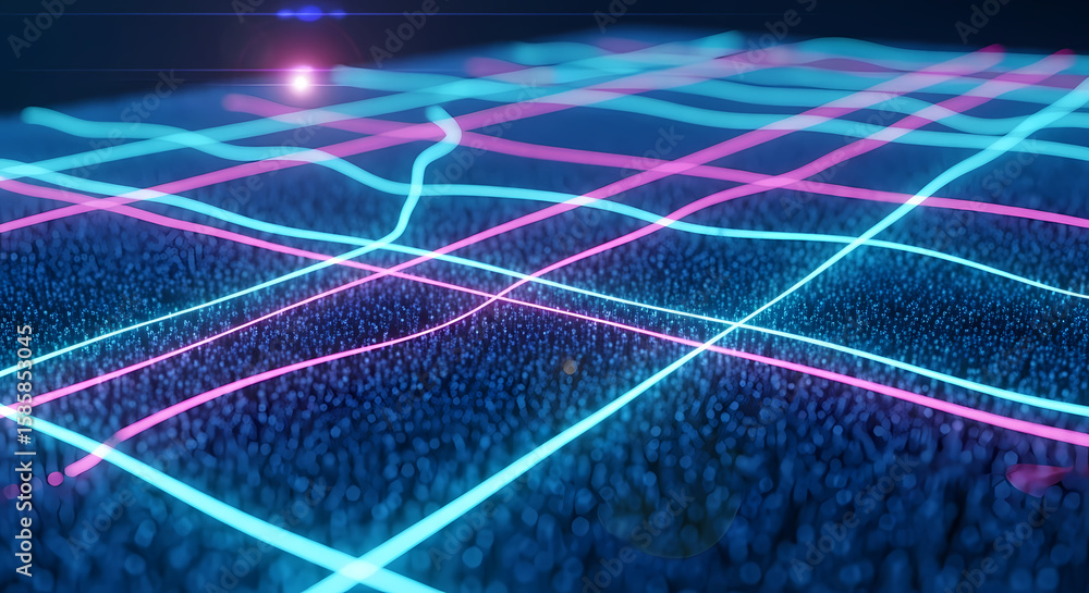 Poster abstract depiction of blue and pink glowing lines intersecting over a textured, dark blue surface, c