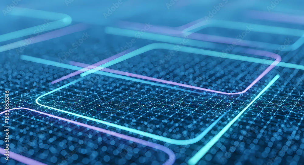 Poster abstract digital network of interconnected squares, glowing with vibrant lines.