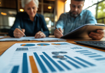 Senior Couple Reviewing Financial Documents: Focused Discussion Over Investment Charts And Business Reports At Home Office

