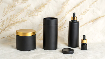 Black and gold cosmetic containers are displayed on a white surface with dried floral accents