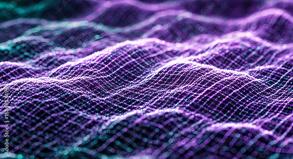Poster abstract digital wave pattern with purple and teal color gradients.