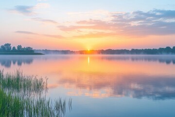 Obraz premium Serene sunrise over calm lake