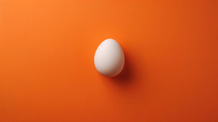 Single white egg positioned on gradient orange surface with soft lighting creating minimalist food styling concept